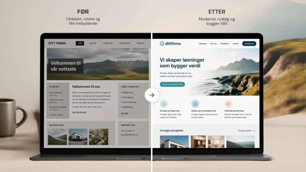 Eksempel på en nettside før og etter.