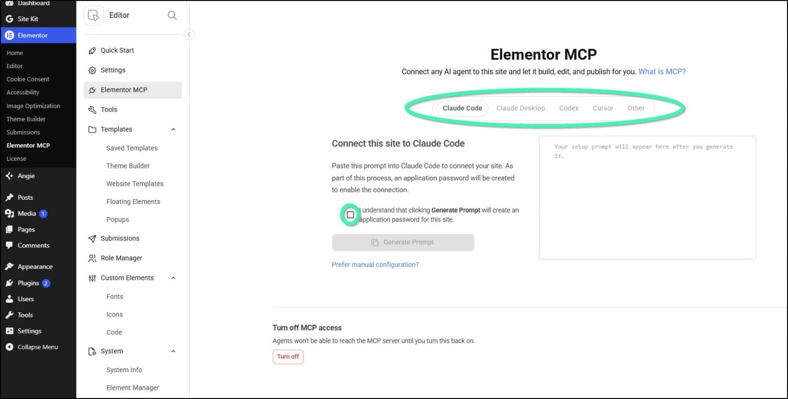Elementor MCP med valg av AI-klient og knappen Generate Prompt