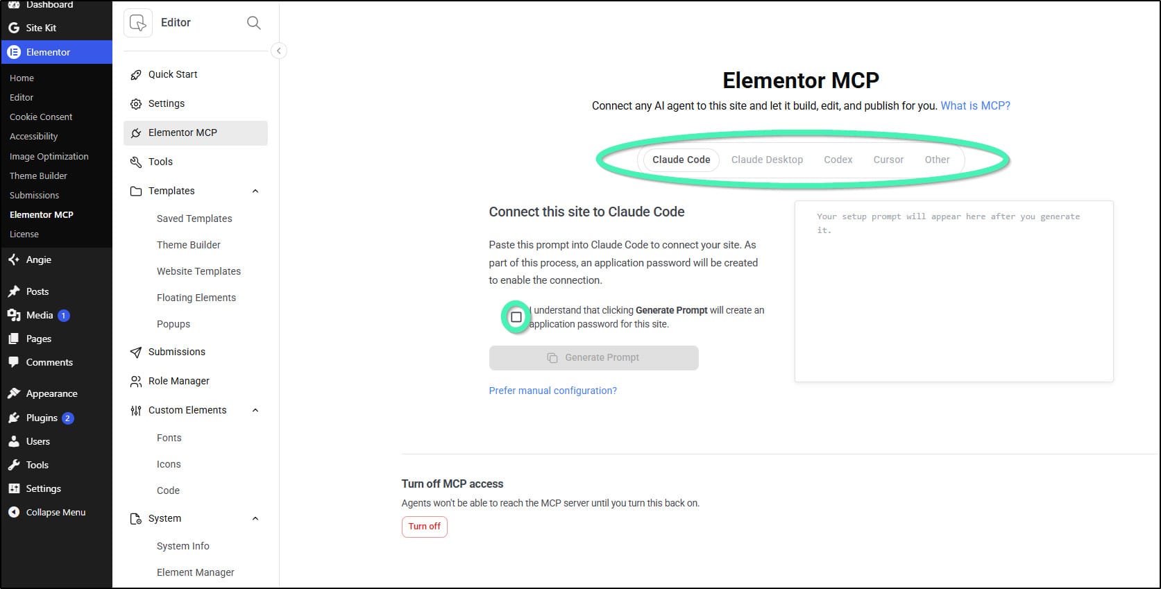Elementor MCP med valg av AI-klient og knappen Generate Prompt