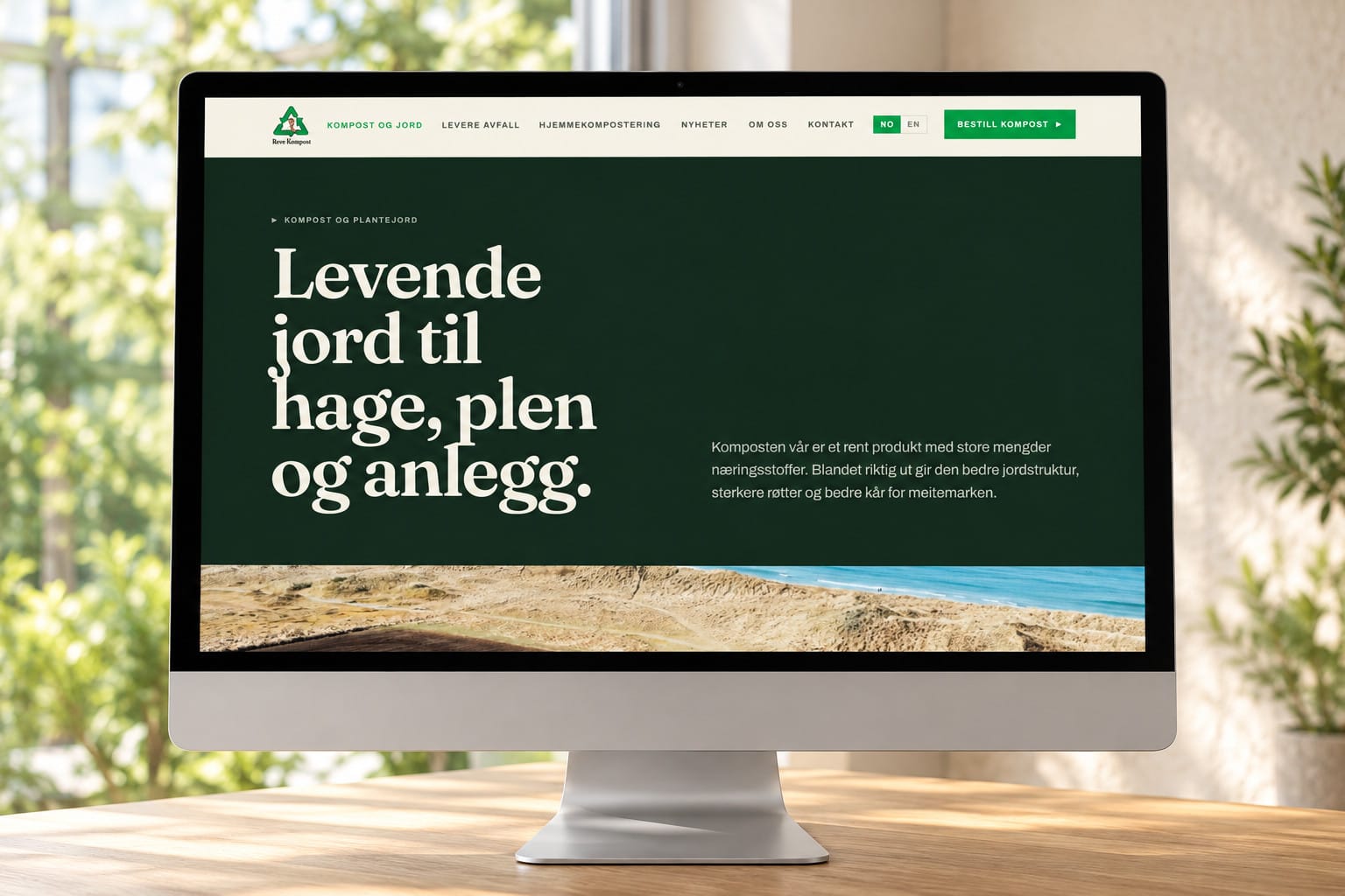 Undersiden Kompost og plantejord vist på en stasjonær skjerm i lyst resepsjonsmiljø