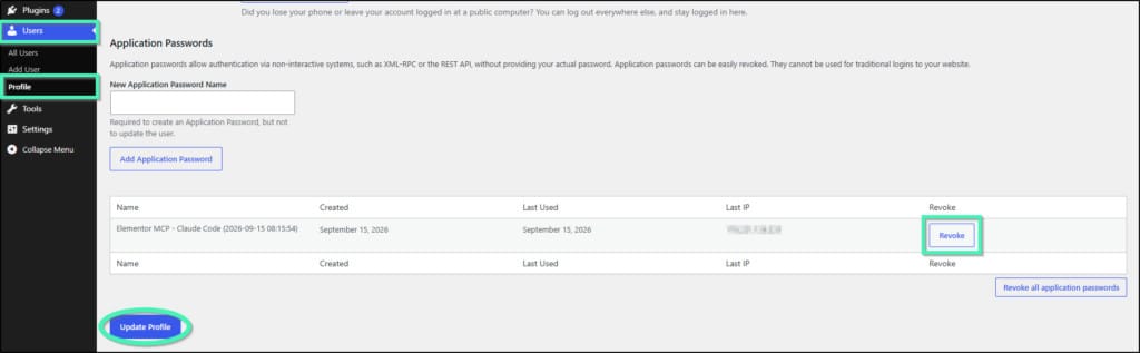 WordPress-profil med applikasjonspassord og knappen for å trekke tilbake tilgang